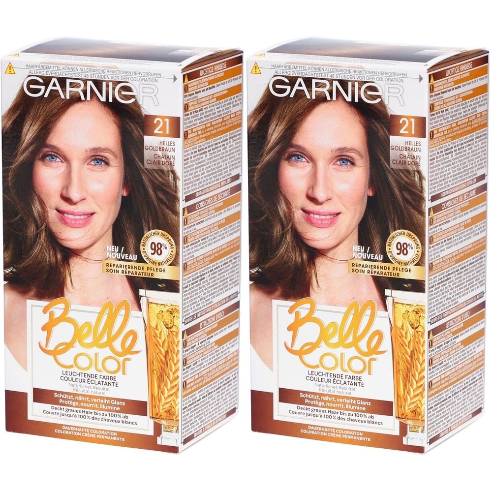 Twee verpakkingen Garnier Belle Color haarverf. Opschrift: N°21 Goud-lichtkastanjebruin. Afbeelding van een vrouw met bruin haar.