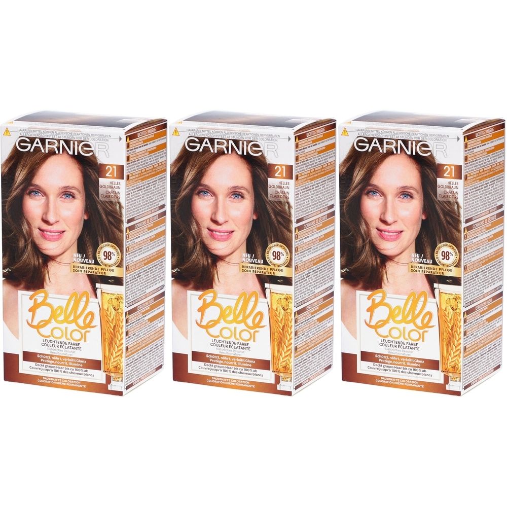 Drie verpakkingen haarverf. Op elke verpakking staat een vrouw afgebeeld. Merk: GARNIER Belle Color, tint 21.
