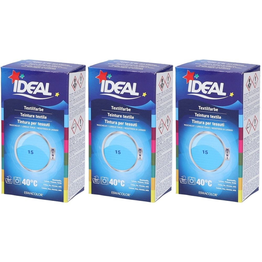 Trois boîtes de teinture textile. Emballage bleu avec logo et informations produit. Inscription : 15, 40°C.