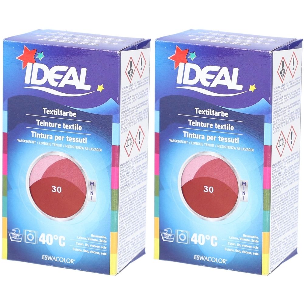 Twee dozen Ideal textielverf. Opschrift: Textielverf, 30, 40°C. Kleurverloop in rood- en roze tinten. Merk Ideal met ster.