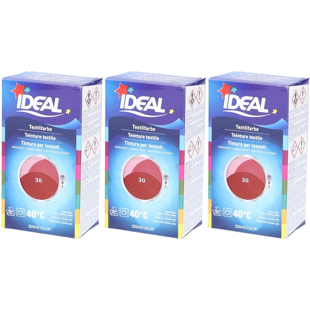 Drie verpakkingen textielverf. Op elke verpakking staat "IDEAL", "Textielverf", "30" en "40°C". De kleur is rood.