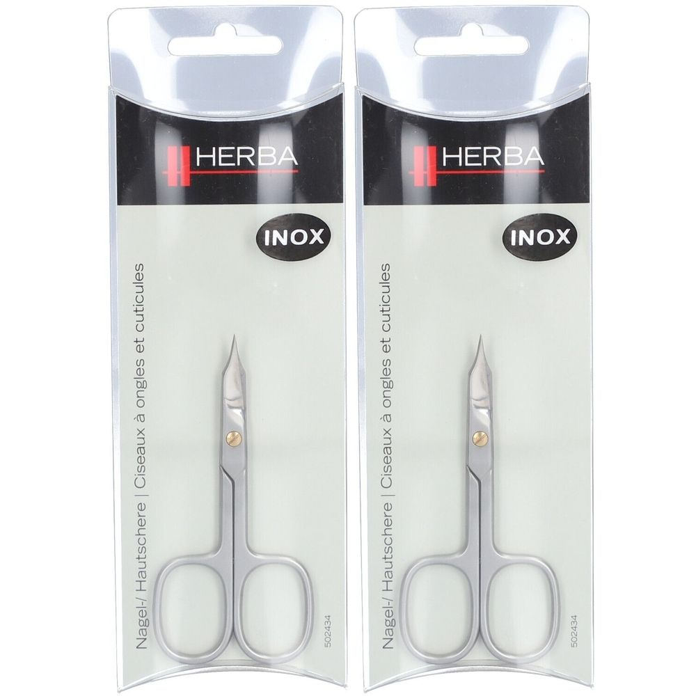 Deux ciseaux à ongles et cuticules dans leur emballage. Marque HERBA, INOX. Inscription : Nagel-/ Hautschere | Ciseaux à ongles et cuticules.