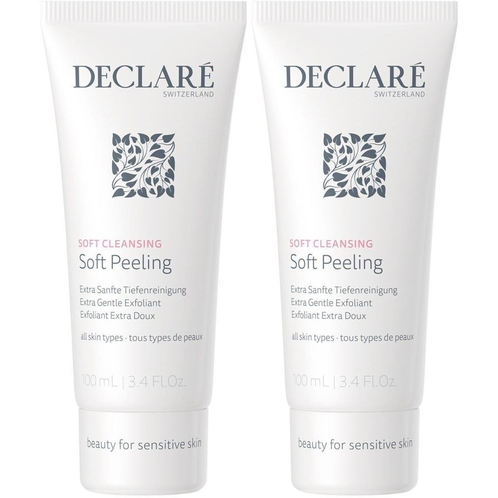 Deux tubes blancs avec logo DECLARÉ et intitulé Soft Peeling. Texte en allemand, anglais et français.