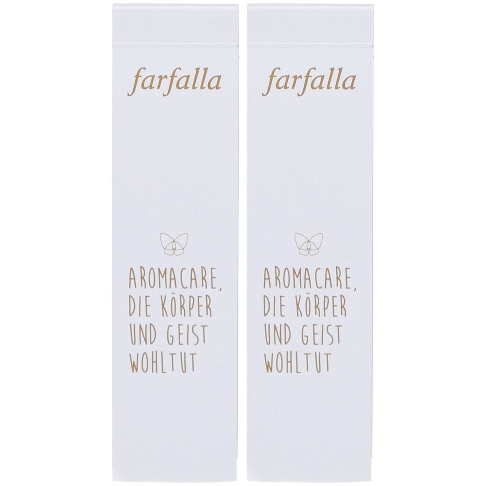 Deux emballages blancs avec le texte doré "farfalla" et "AROMACARE, DIE KÖRPER UND GEIST WOHLTUT".