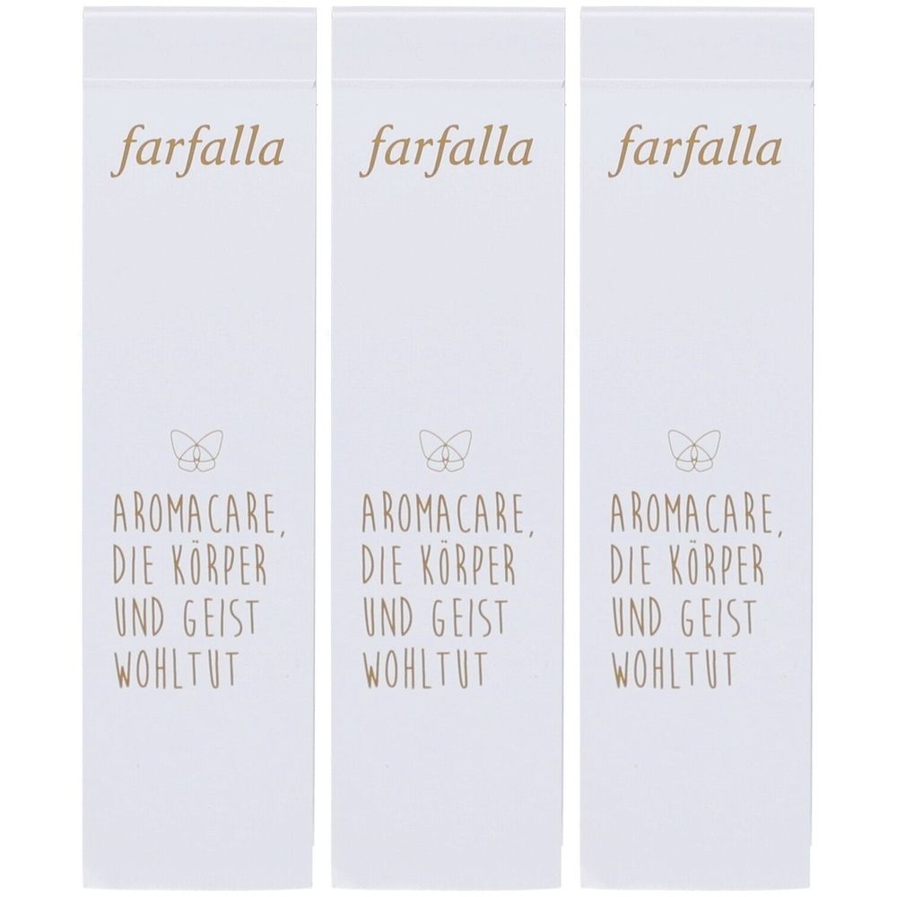 Trois blocs blancs avec texte doré "farfalla". Texte: Aromacare, die Körper und Geist wohltut. Logo papillon.