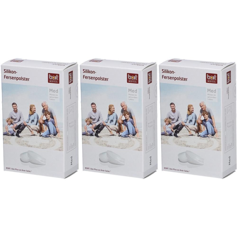 Trois paquets de coussinets de talon en silicone Bort Med sur fond blanc.