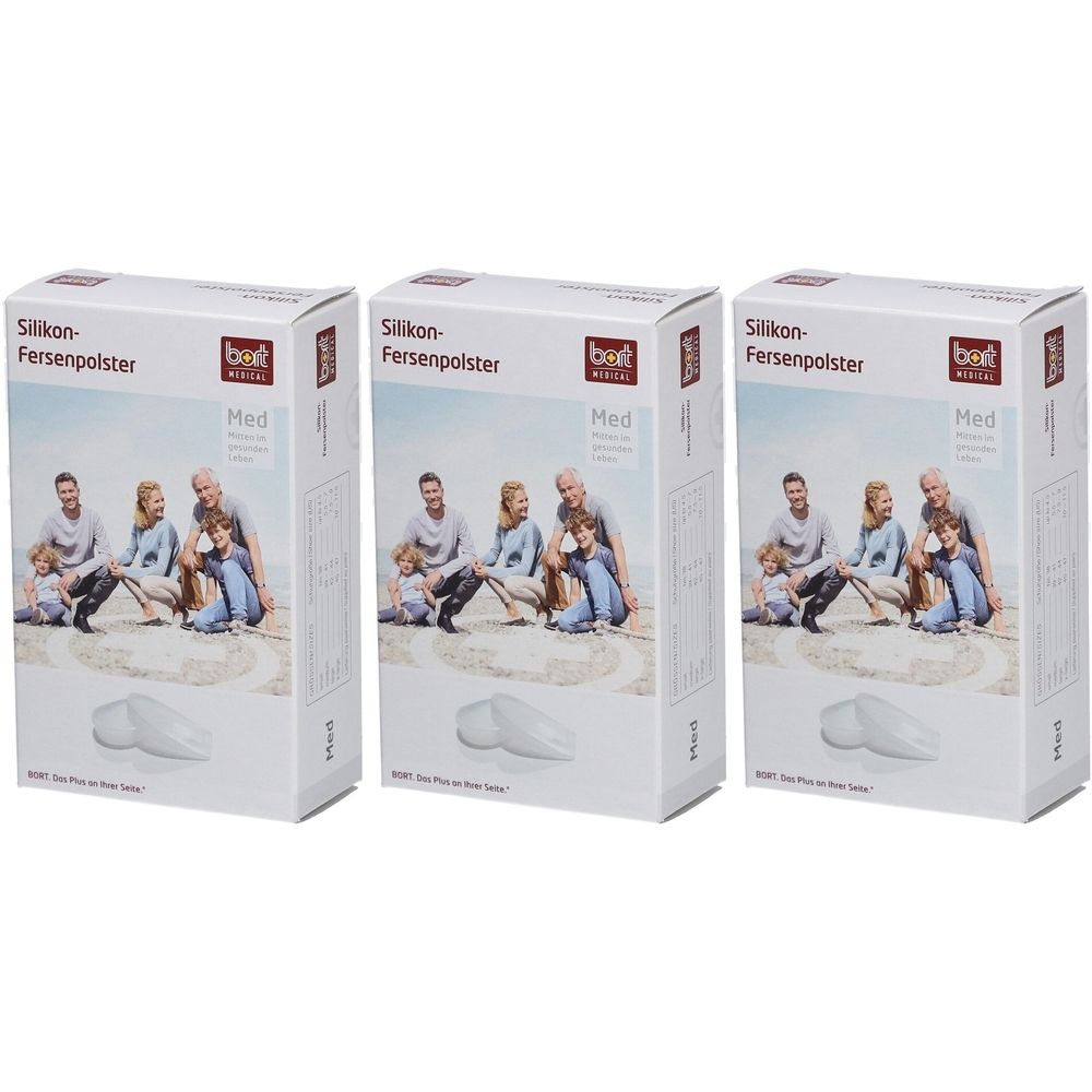 Drie pakken Bort Siliconen Hielkussentjes Med op witte achtergrond.