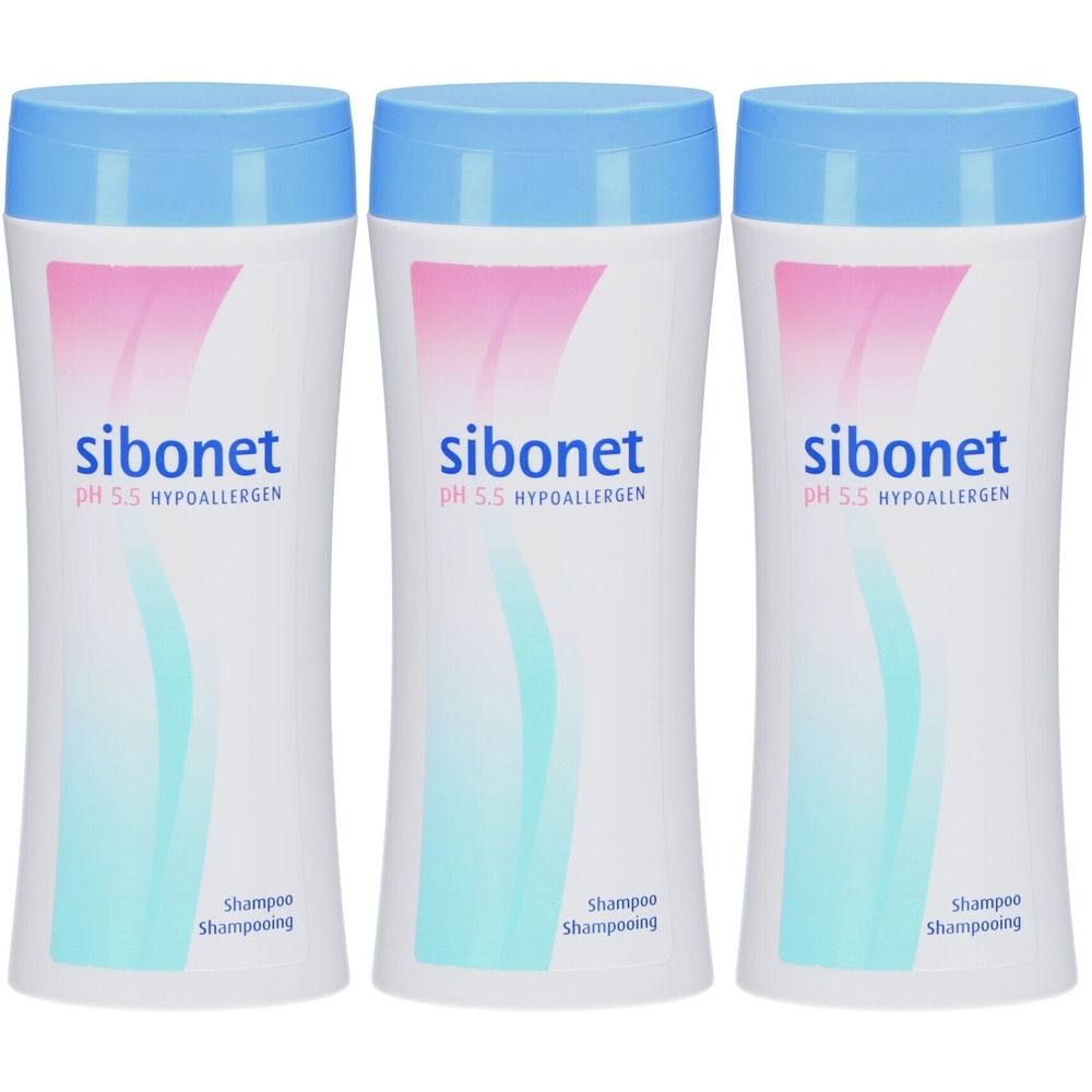 Drie witte flessen met blauwe dop. Op elke fles staat "sibonet pH 5.5 hypoallergen" en "Shampooing".