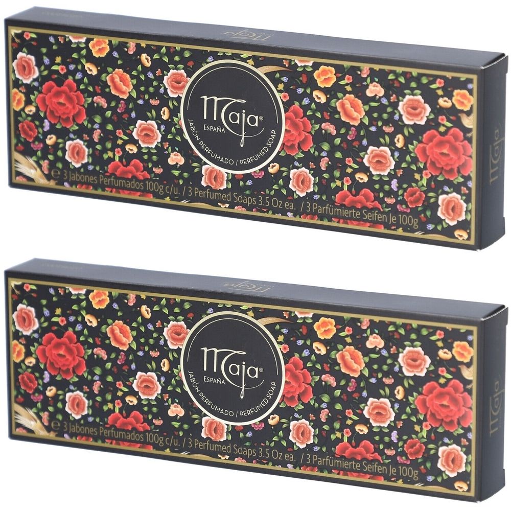Deux boîtes rectangulaires "Maja" avec motifs floraux. Texte : "3 Jabones Perfumados", "3 Perfumed Soaps".