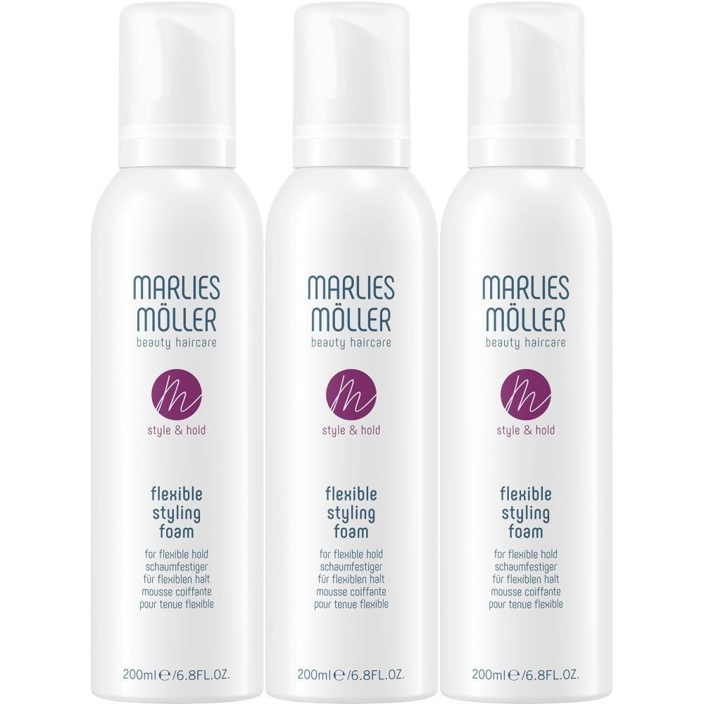 Drie witte flessen met spraykop. Op elke fles staat 'Marlies Möller beauty haircare' en 'flexible styling foam'.