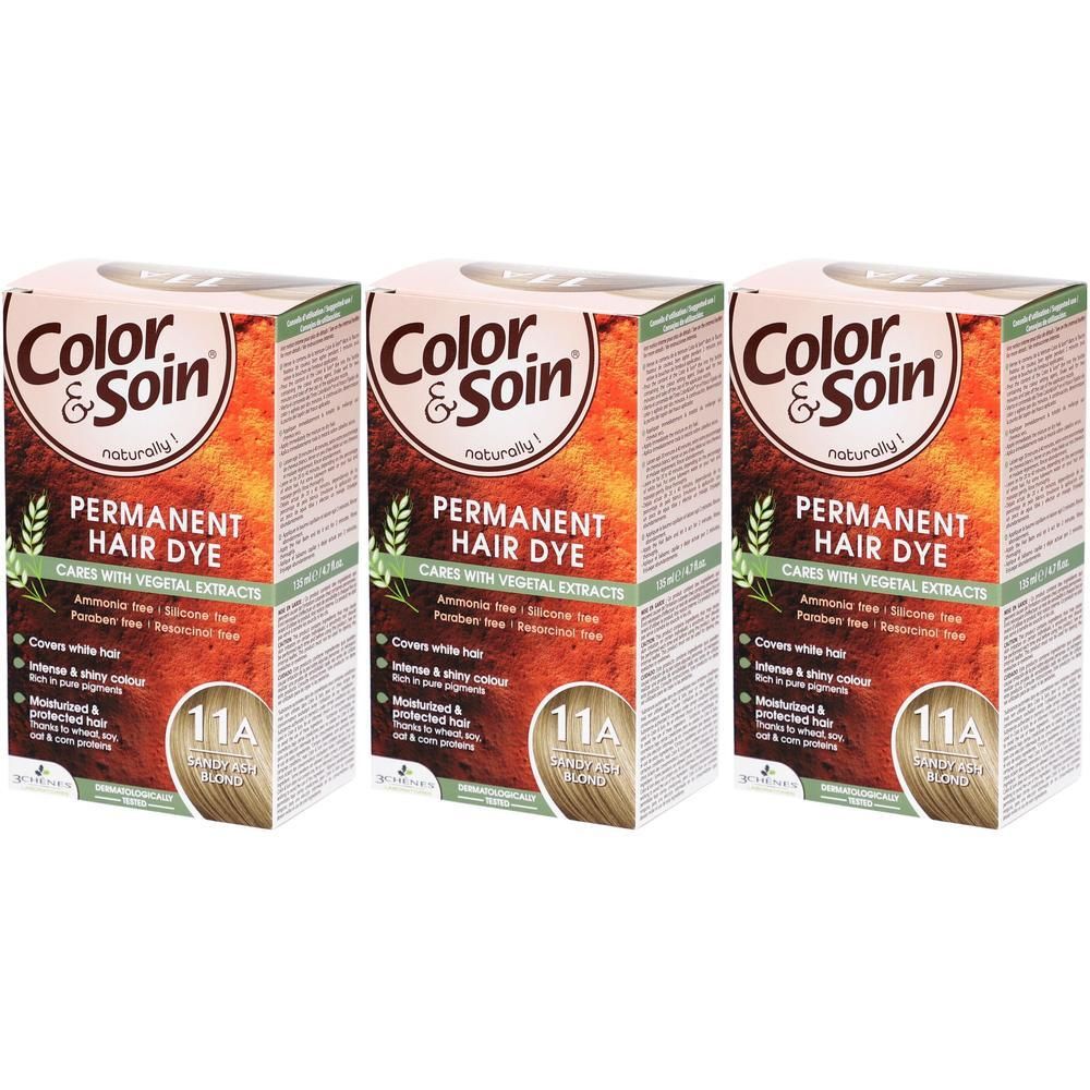 Drie dozen Color & Soin Permanent Hair Dye. 11A Sandblond aschfahl. Verpakking met productinfo en logo.