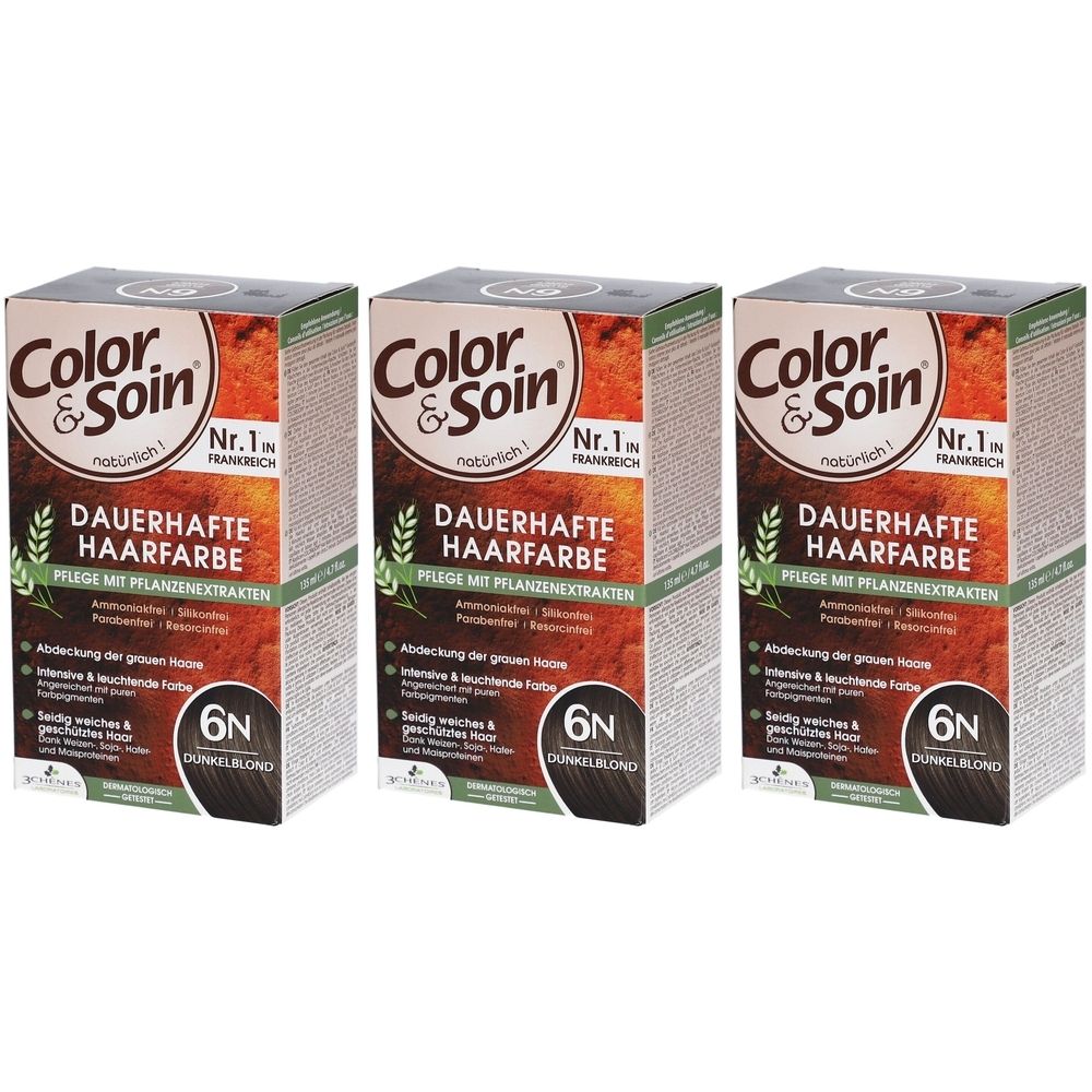 Drie dozen Color & Soin® Permanente Haarkleur 6N Donkerblond. Opschriften: Nr. 1, Verzorging met plantenextracten, 6N Donkerblond.