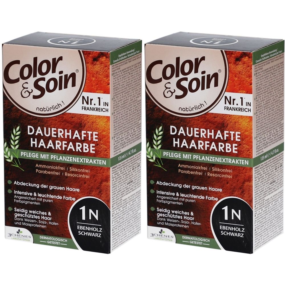 Deux boîtes de Color & Soin® Coloration Permanente. Inscription: 1N Ébène Noir. Aux extraits de plantes. N°1 en France.