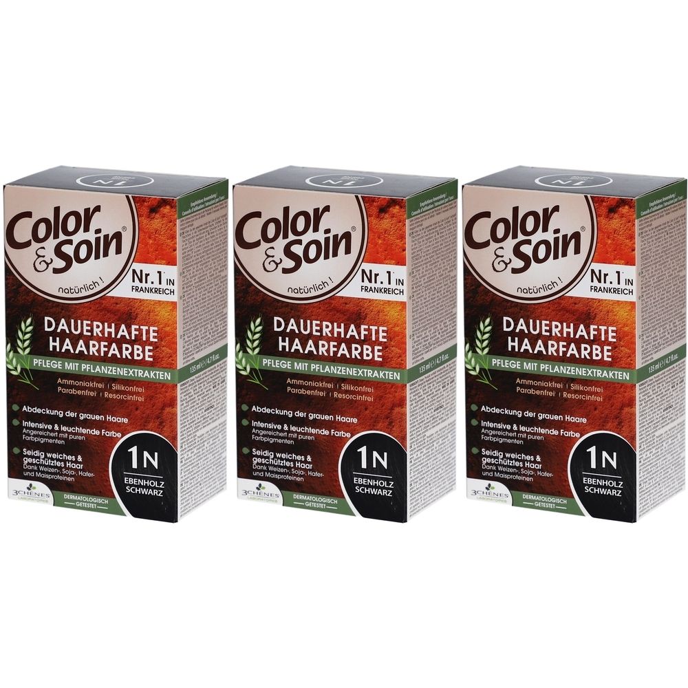 Trois boîtes de Color & Soin® Coloration Permanente 1N Ébène Noir. Chaque boîte affiche le nom du produit, la couleur et le numéro 1.