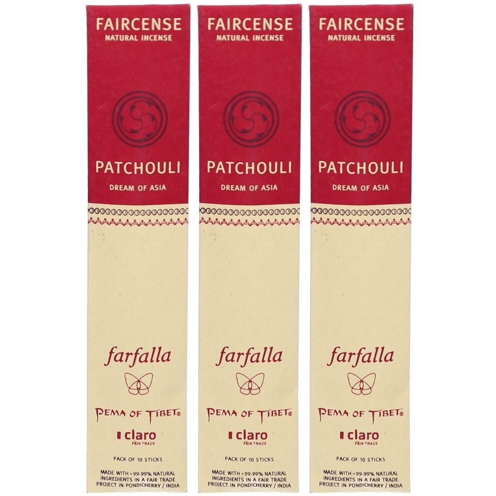 Trois paquets d'encens. Emballage rouge et crème avec texte : Faircense, Patchouli, Dream of Asia, Farfalla, Pema of Tibet, claro.