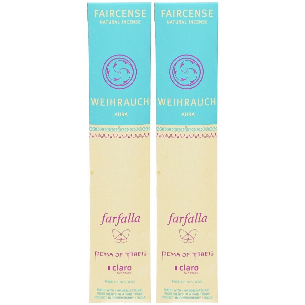 Twee verpakkingen wierook. Opschriften: Faircense, Weihrauch Aura, Farfalla, Pema of Tibet, claro. Kleuren: turquoise, beige en roze.