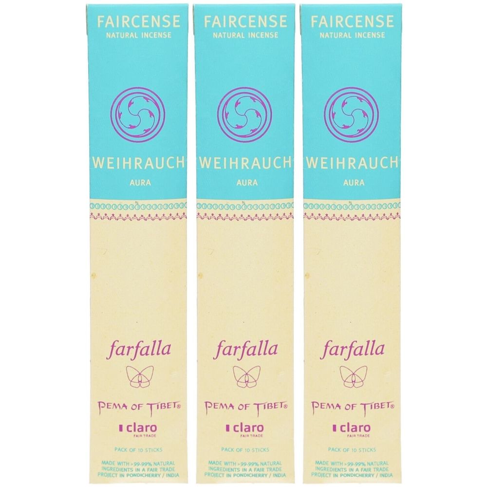 Drie verpakkingen wierook. Opschriften: Faircense, Weihrauch Aura, Farfalla, Pema of Tibet, claro. Turquoise, beige en roze.