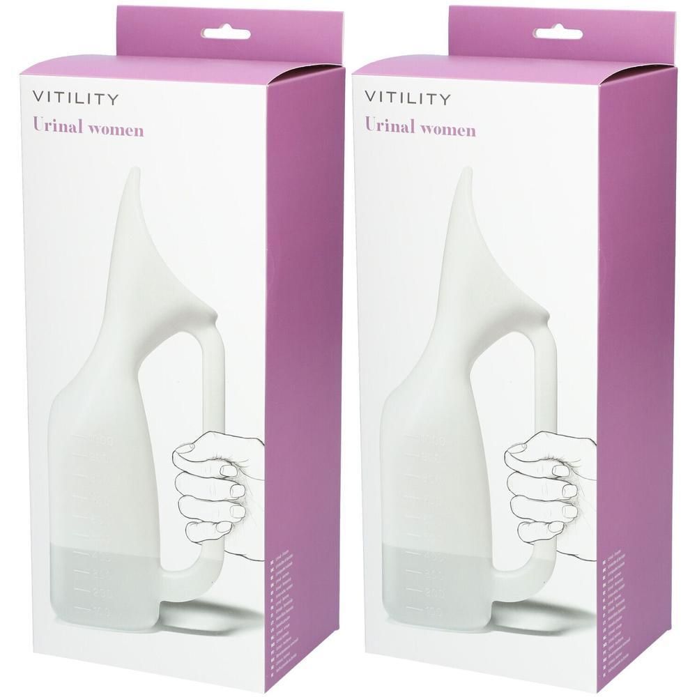Twee Vitility Urinal Vrouw verpakkingen. Witte kunststof met handvat en maataanduiding.