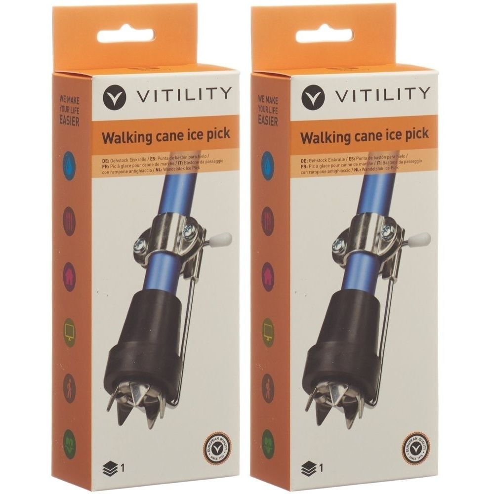 Deux boîtes de pick à glace pour canne. Les boîtes affichent le nom du produit VITILITY et le texte "Walking cane ice pick".