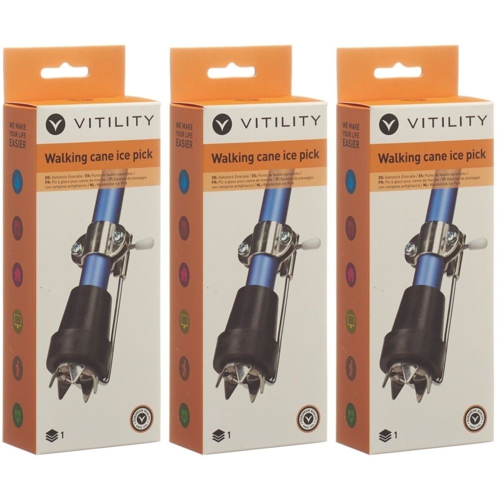 Trois boîtes de Vitility Eiskralle. Chaque boîte montre un bâton bleu avec un support métallique et un pied noir à pointes.