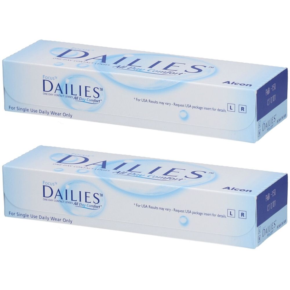 Twee dozen FOCUS DAILIES contactlenzen. Witte verpakking met blauwe tekst. Opschrift: All Day Comfort. Alcon.