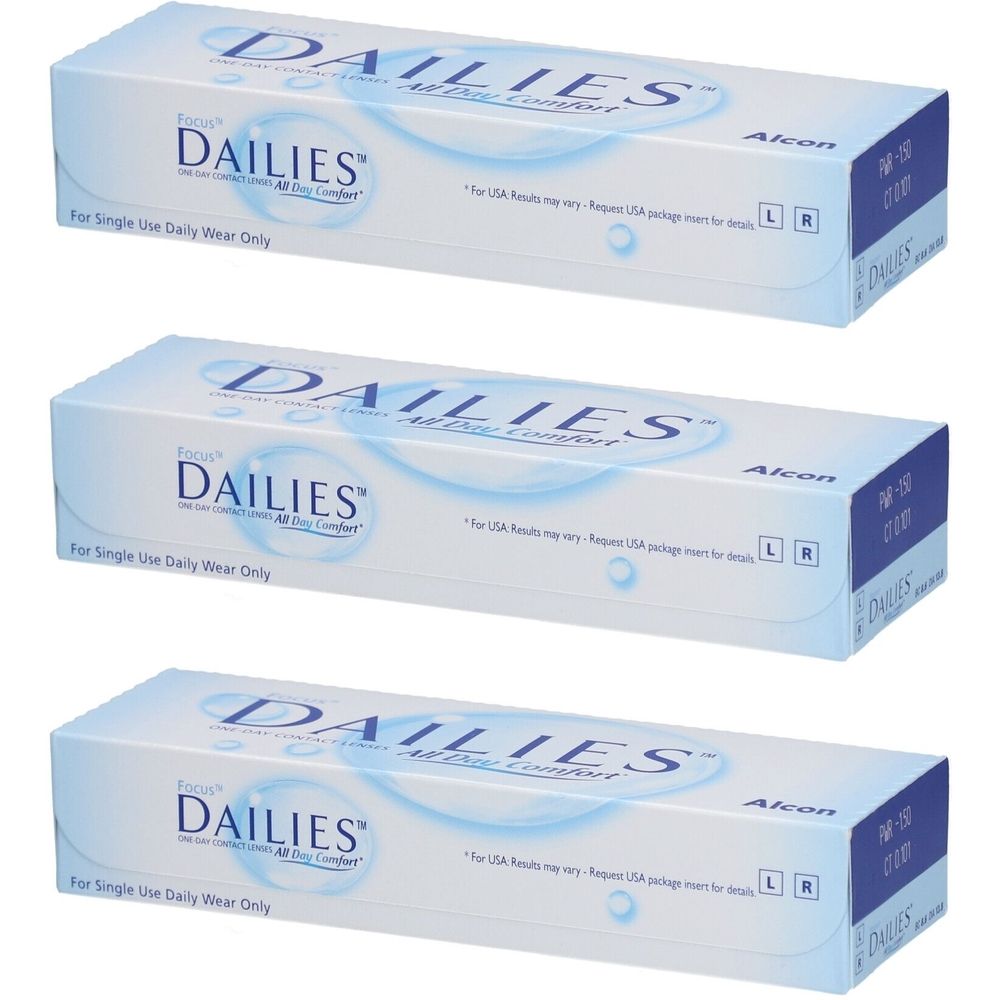 Trois boîtes de lentilles journalières FOCUS DAILIES All Day Comfort.