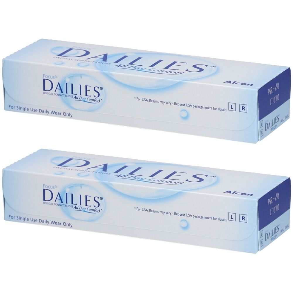 Deux boîtes de lentilles journalières FOCUS® DAILIES® All Day Comfort, 2x 30 lentilles, -4.50 dpt.