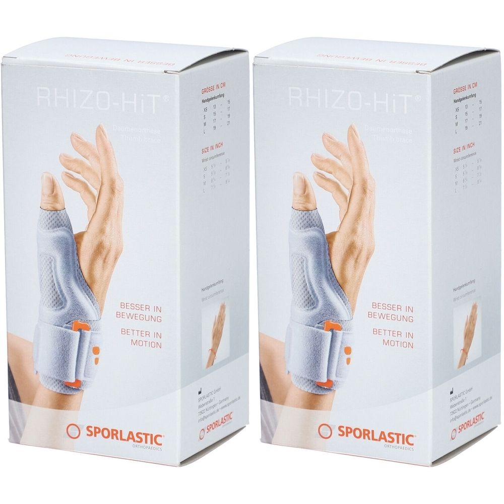 Twee productverpakkingen. Opdruk: RHIZO-HIT, duimorthese. Illustratie van een hand met brace. Merk SPORLASTIC. Tekst: BESSER IN BEWEGUNG, BETTER IN MOTION.
