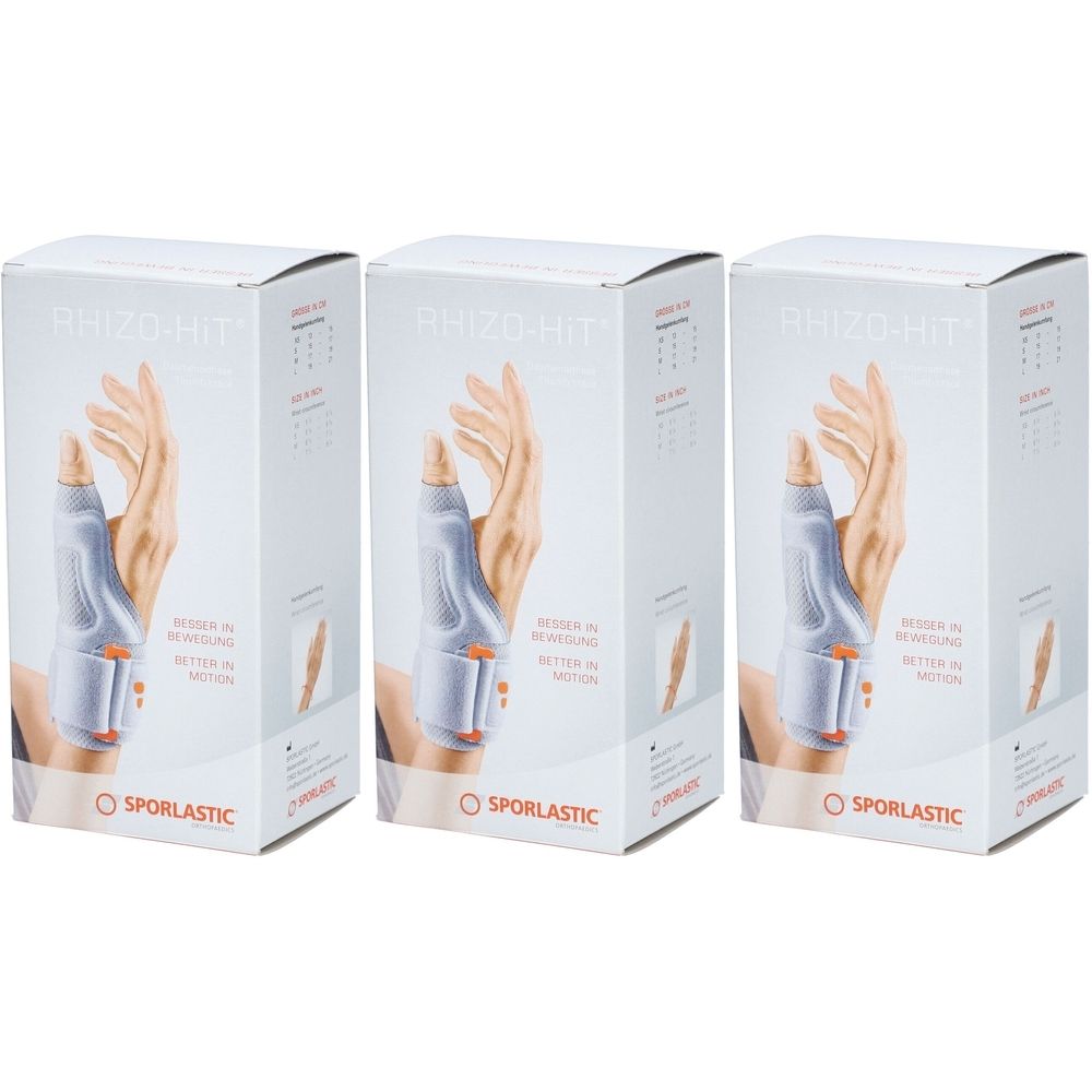 Drie productverpakkingen. Opdruk: Rhizo-Hit Daumenorthese. Illustratie van een hand met orthese. Merk Sporlastic.