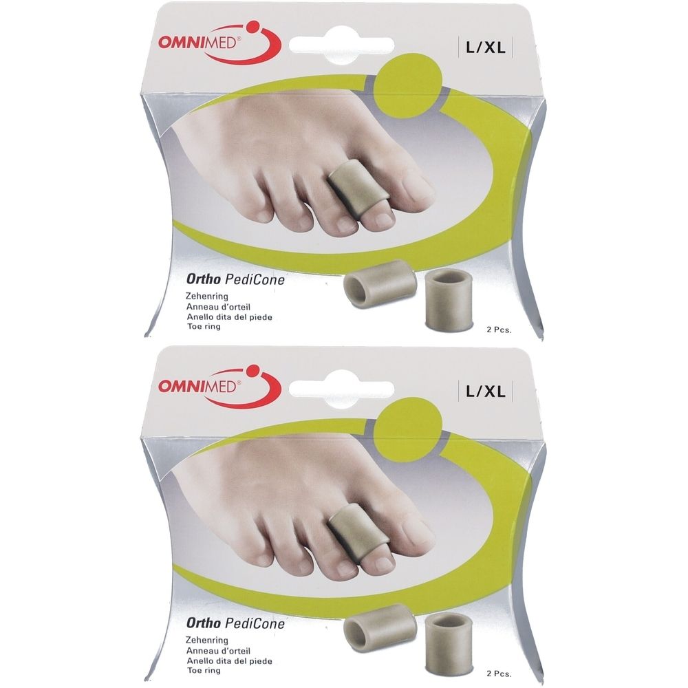 Twee verpakkingen met teenringen. Elke verpakking toont een voet met een teenring. OMNIMED en L/XL zijn zichtbaar.
