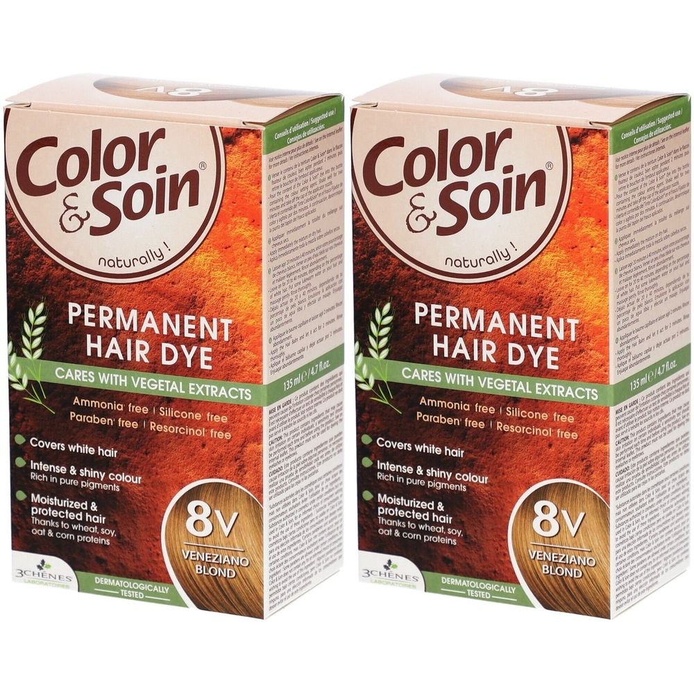 Twee dozen Color & Soin Permanent Hair Dye. Opschrift: 8V Veneziano Blond. Bevat plantaardige extracten. Bedekt grijs haar.