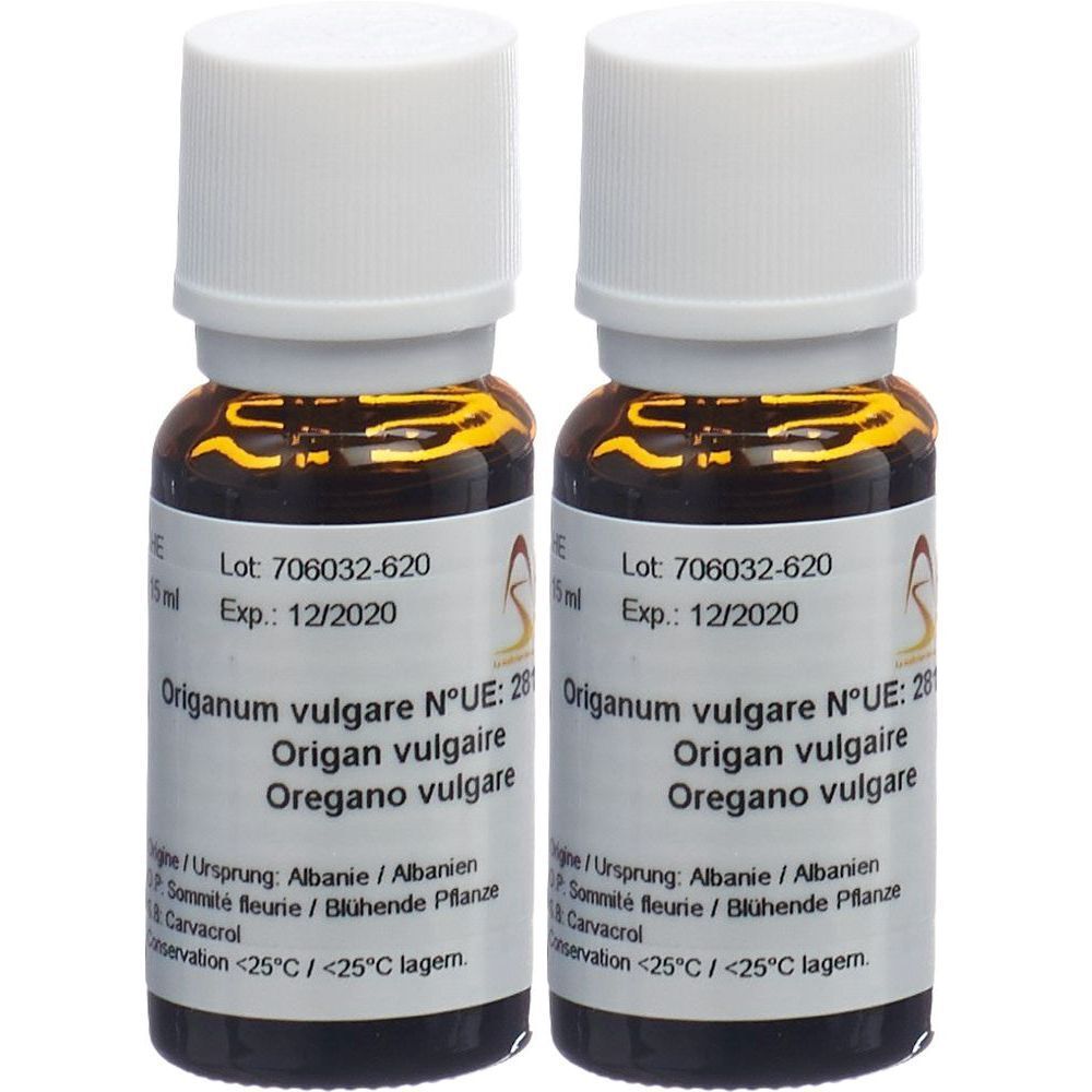 Deux flacons en verre brun avec bouchons blancs. Étiquettes avec texte : Origanum vulgare, Exp. 12/2020.