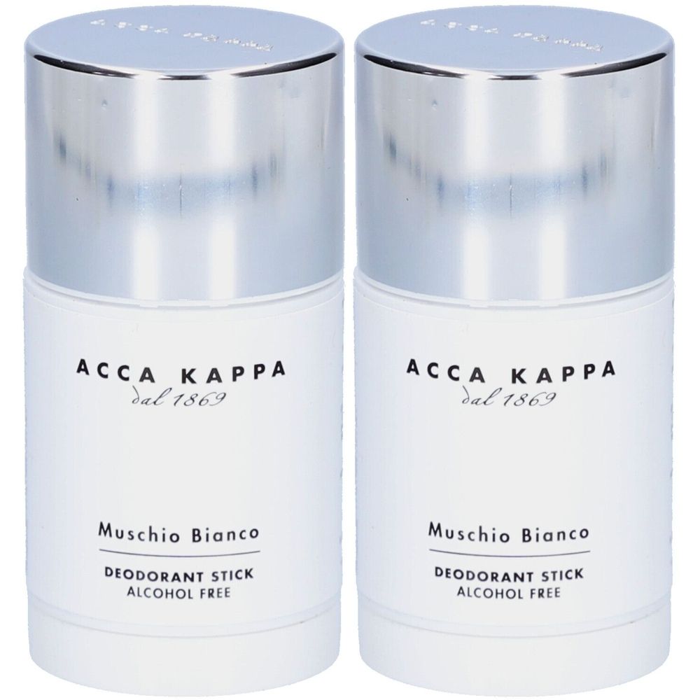 Deux sticks déodorants avec couvercles argentés. Inscription: ACCA KAPPA, Muschio Bianco, Deodorant Stick, Alcohol Free.