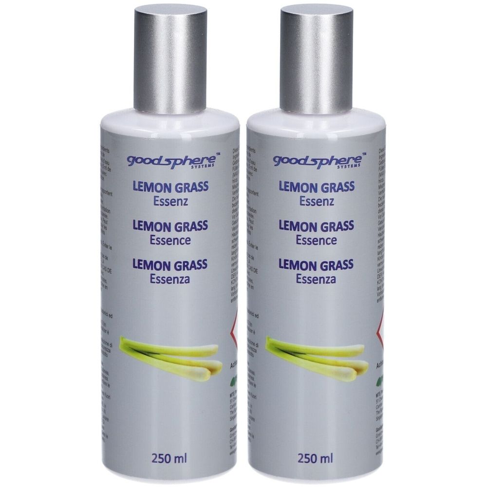 Deux flacons avec bouchons argentés. Inscription: Lemon Grass Essenz. Illustration de citronnelle. Volume: 250 ml.
