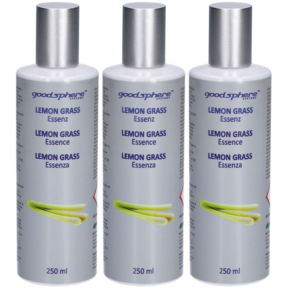 Trois flacons avec bouchons argentés. Inscription: Goodsphere Lemon Grass Essenz. 250 ml. Illustration de citronnelle.