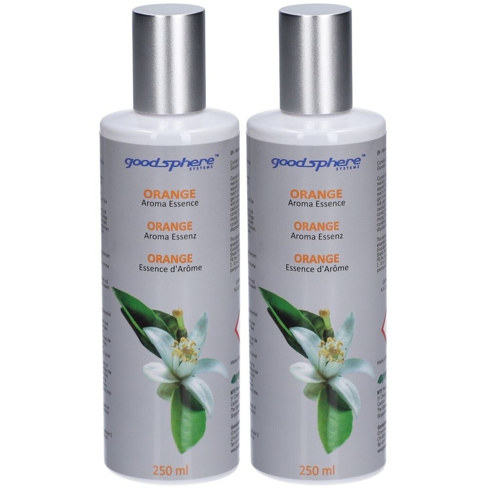 Twee flessen met zilveren doppen. Opschrift: good sphere, ORANGE Aroma Essence, 250 ml. Bloemenillustratie.