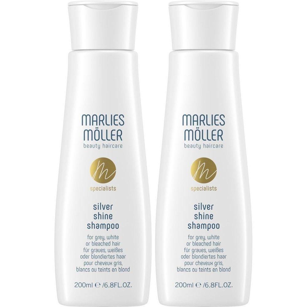 Deux flacons de shampooing blancs. Inscription: Marlies Möller, Silver Shine Shampoo. Pour cheveux gris, blancs ou décolorés.