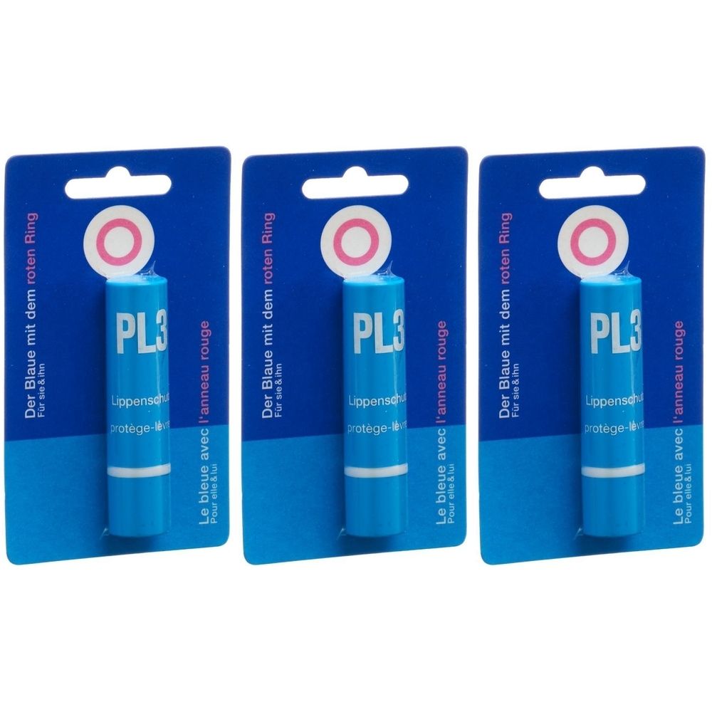 Trois bâtons de baume à lèvres bleus. Chaque bâton a un anneau rouge et le texte "PL3".