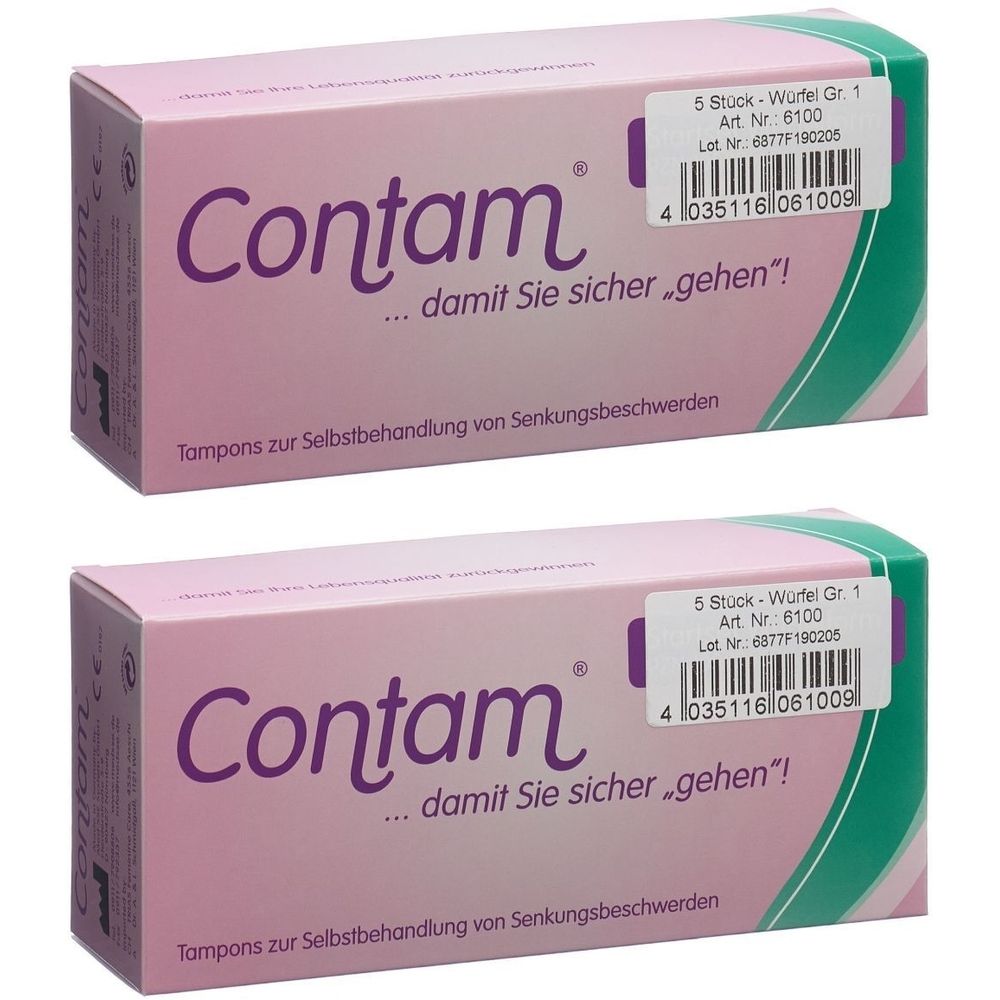 Twee verpakkingen Contam tampons. Roze verpakking met groene accenten. Opdruk: Contam, tekst en barcode.