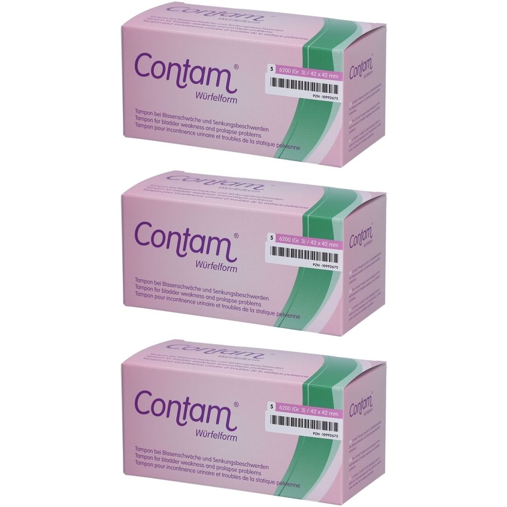 Trois boîtes Contam Würfelform, emballage rose et vert. Inscriptions : Contam, Würfelform, tampon pour incontinence, taille 3, 42 x 42 mm.