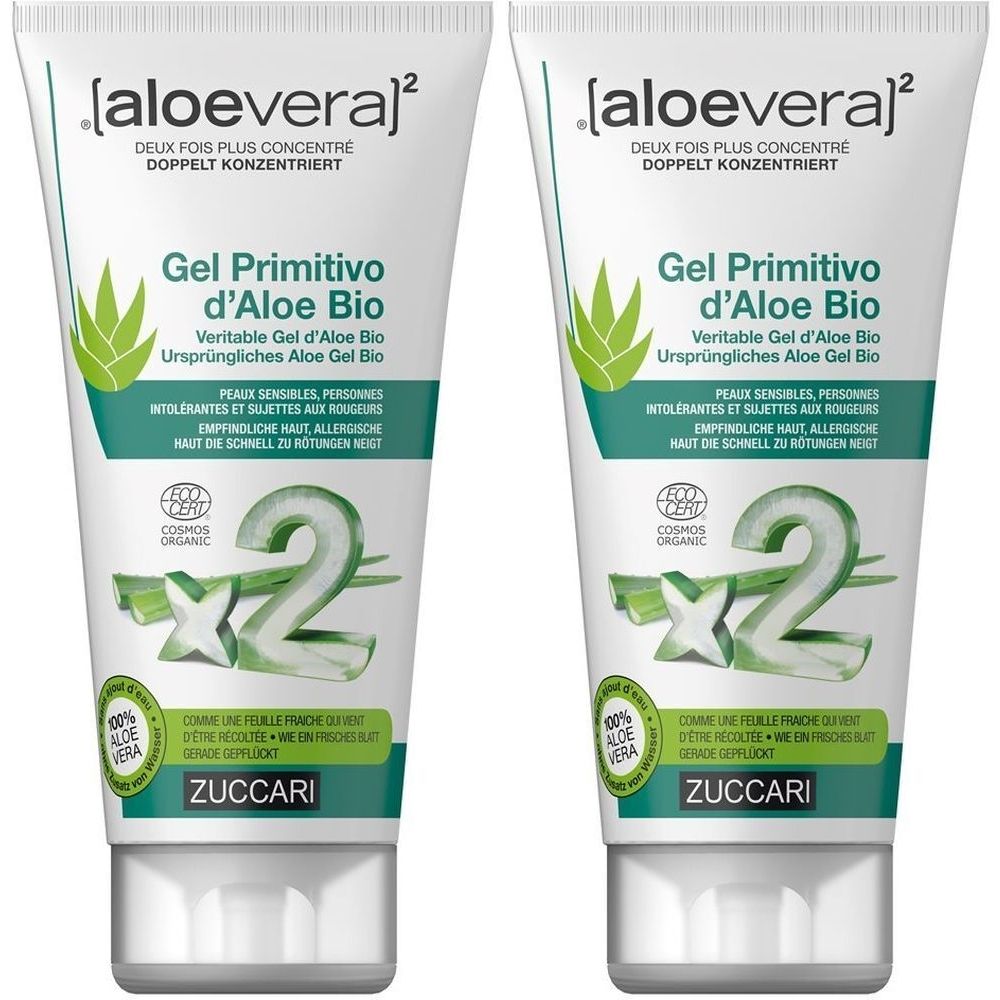 Twee tubes aloë vera gel. Witte tubes met groene accenten en tekst. Opschrift: Gel Primitivo d'Aloe Bio, COSMOS ORGANIC, ZUCCARI.