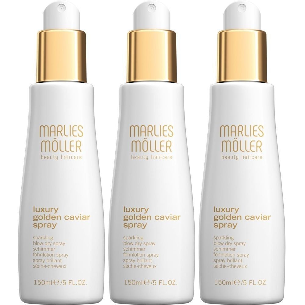 Trois flacons pulvérisateurs blancs avec des bouchons dorés. Chaque flacon porte l'inscription "Marlies Möller beauty haircare Luxury Golden Caviar Spray".