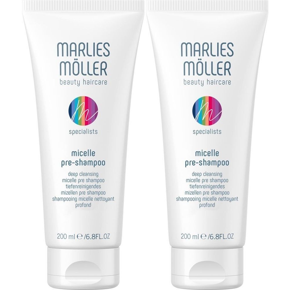 Twee witte tubes met producttekst. Opschrift: Marlies Möller, beauty haircare, micelle pre-shampoo. Inhoud: 200 ml.