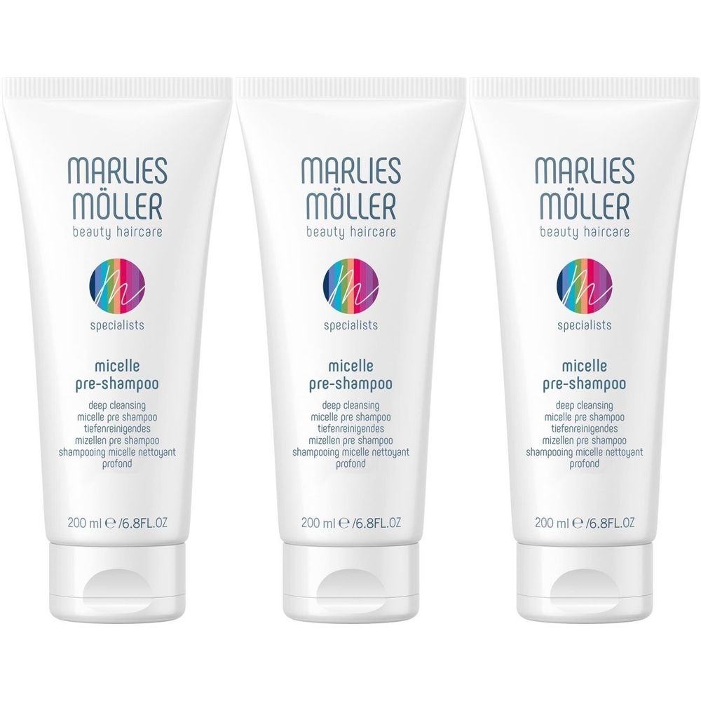 Trois tubes blancs avec texte. Inscription: Marlies Möller, beauty haircare, micelle pre-shampoo. Volume: 200 ml.