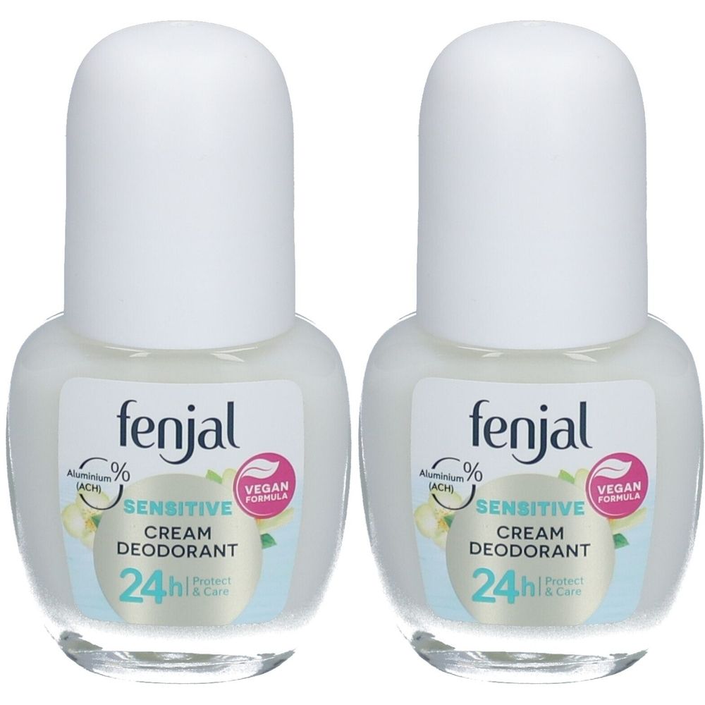 Twee roll-on deodorants. Witte dop, crèmekleurige houder. Opschrift: fenjal, Sensitive Cream Deodorant, 24h Protect & Care, Vegan.
