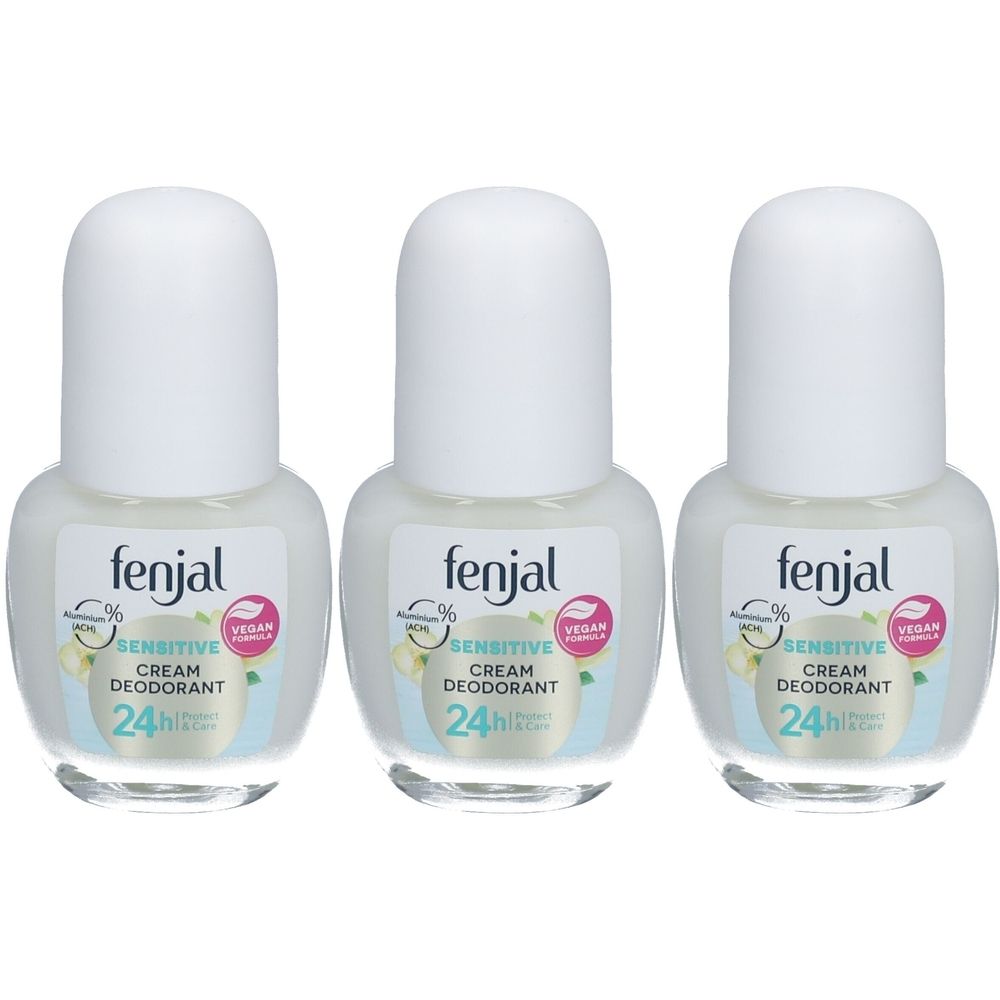 Trois déodorants roll-on. Bouchons blancs, flacons crème avec étiquette. Inscription : fenjal, Sensitive, Crème Déodorant, 24h.