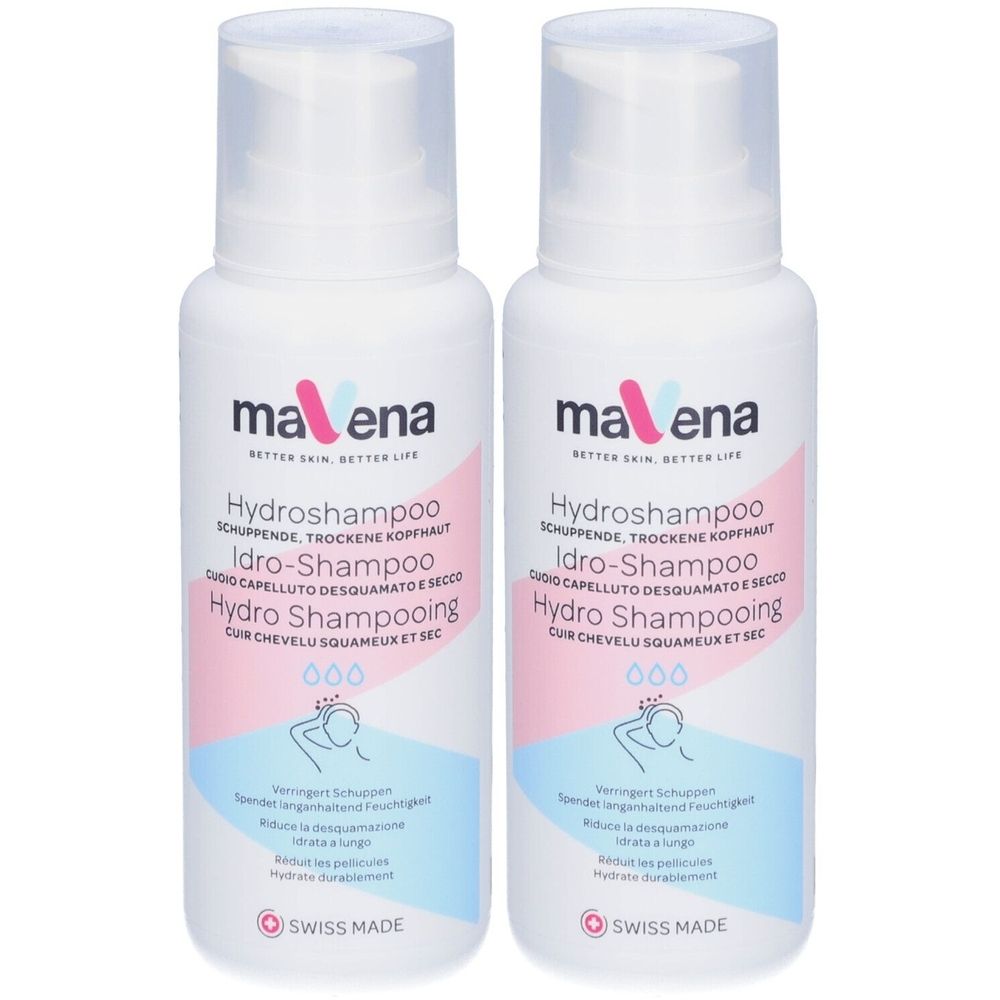 Twee witte flessen Mavena Hydroshampoo. Opschrift: Hydroshampoo, Idro-Shampoo, Hydro Shampooing. Met sproeikop en Swiss Made logo.
