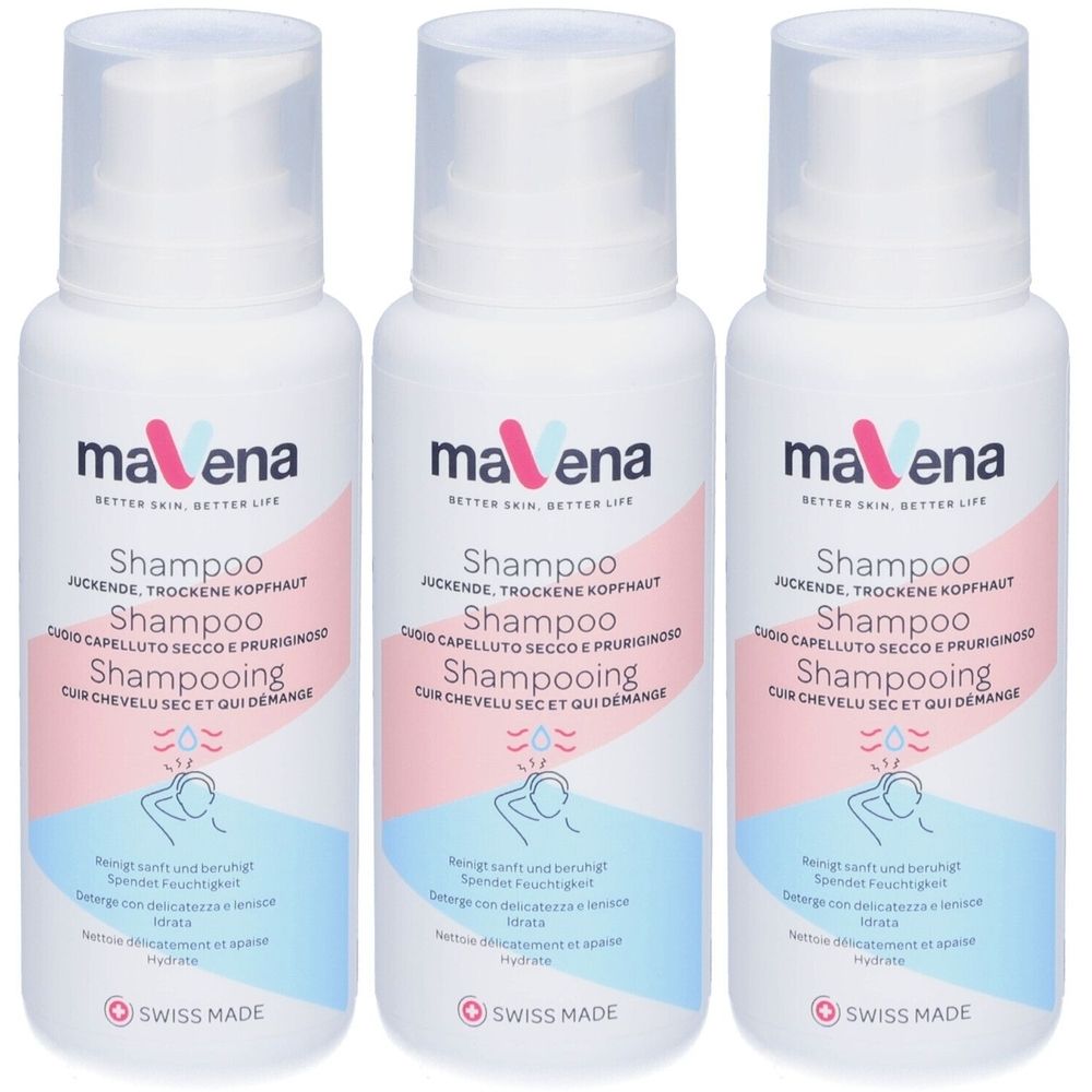 Drie flessen Mavena Shampoo. Wit, met roze en blauw design. Tekst: Shampoo voor jeukende, droge hoofdhuid. Swiss Made.