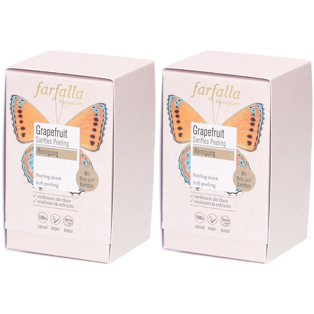 Twee rechthoekige dozen. Op de voorkant: merk Farfalla, vlinderontwerp, productnaam Grapefruit Sanftes Peeling, reinigingslabel.