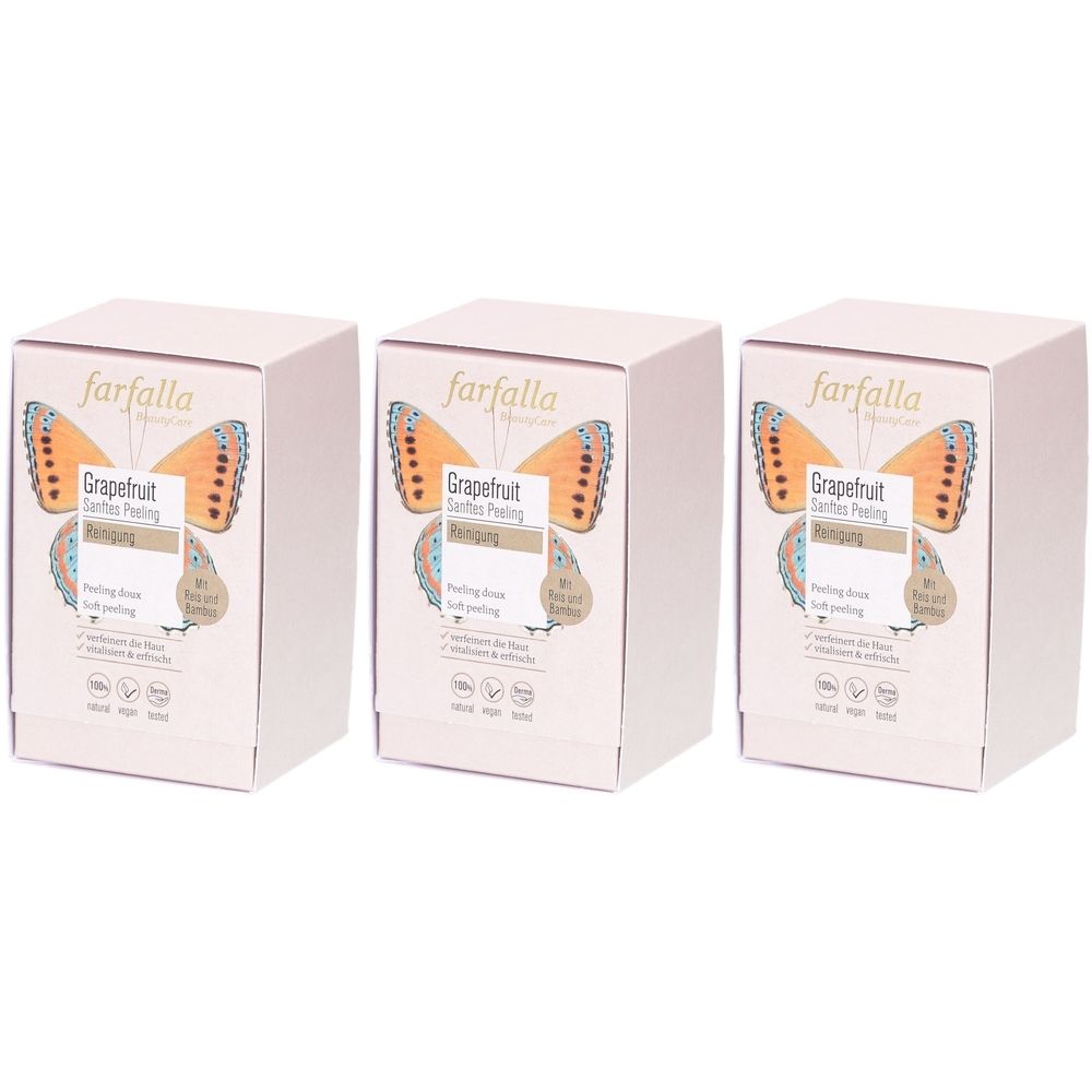 Drie dozen met Farfalla-logo. Elke doos toont een vlinder en de tekst "Grapefruit Sanftes Peeling".